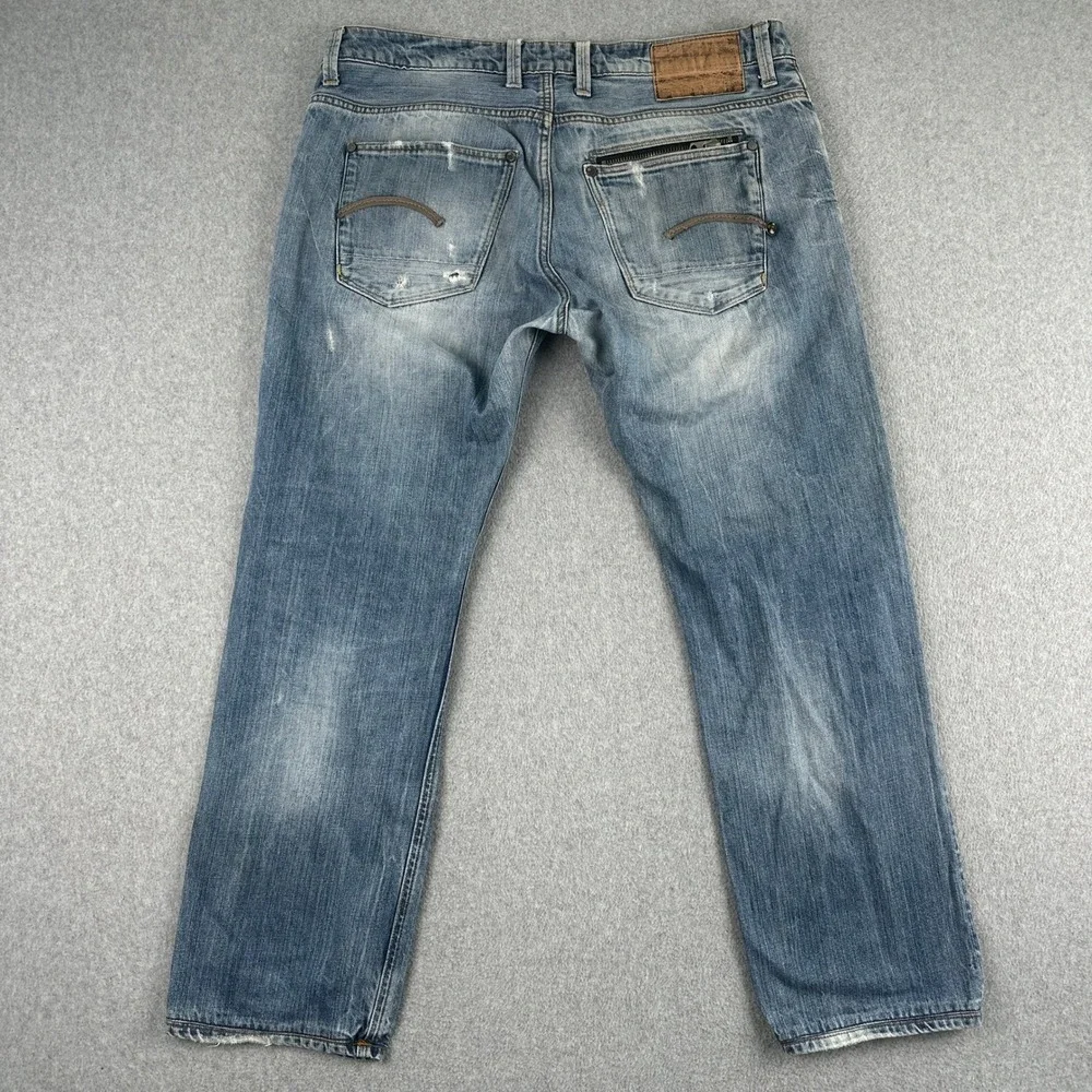 G-Star Raw Jeans Mens Blue GS BAW-01‎ Straight Leg Button Fly Distressed Denim